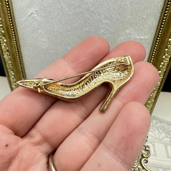 Vintage Fancy Enamel Blue High Heel Shoe Brooch With Crystal Rhinestones Pin - Picture 2 of 4
